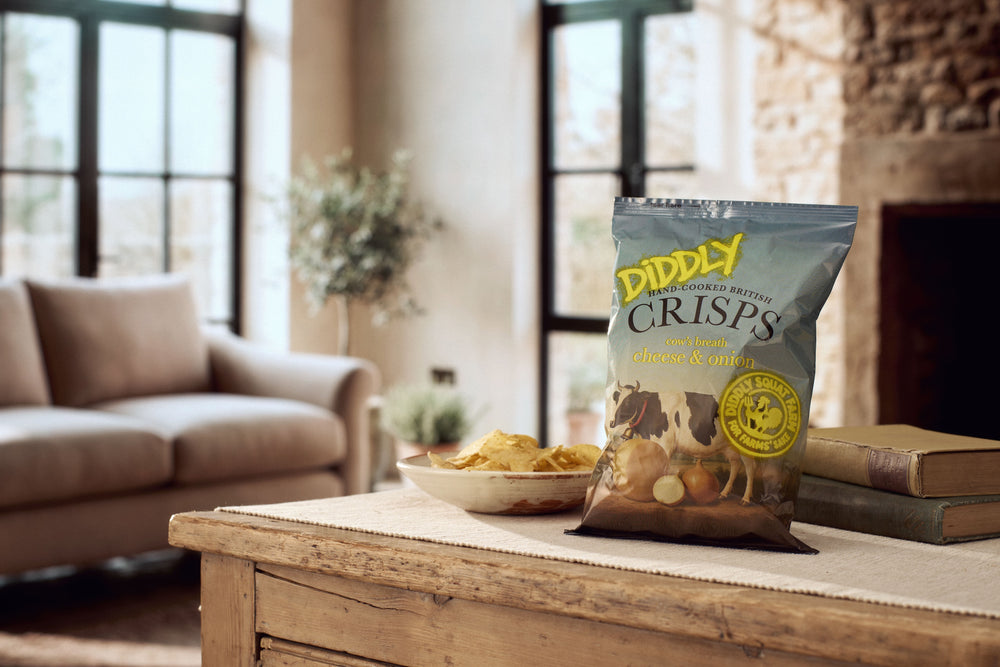 Box of 24x40g Diddly Squat Farm Hand Cooked Crisps: Cheese and Onion