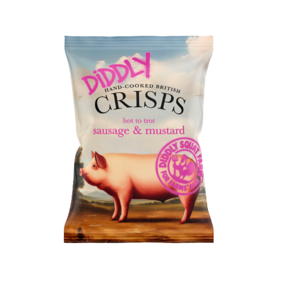 Box of 24x40g Diddly Squat Farm Hand Cooked Crisps: Sausage and Mustard