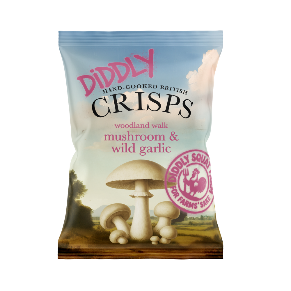 Box of 24x40g Diddly Squat Farm Hand Cooked Crisps: Mushroom & Wild Garlic