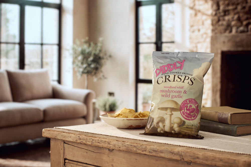 Box of 24x40g Diddly Squat Farm Hand Cooked Crisps: Mushroom & Wild Garlic