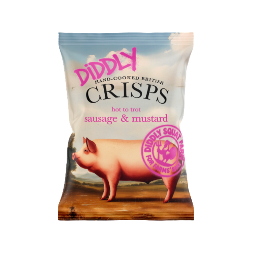 Box of 24x40g Diddly Squat Farm Hand Cooked Crisps: Sausage and Mustard