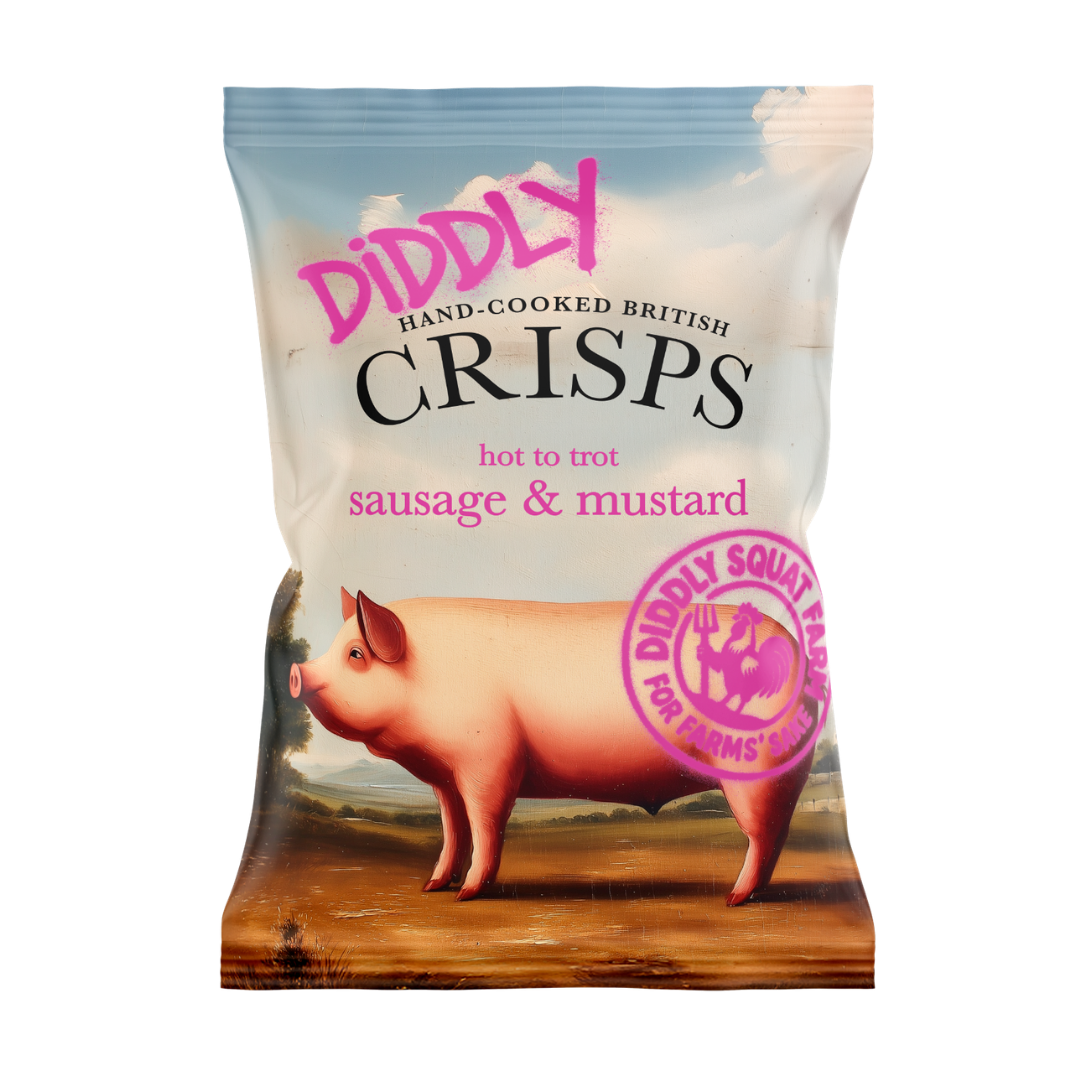 Box of 24x40g Diddly Squat Farm Hand Cooked Crisps: Sausage and Mustard